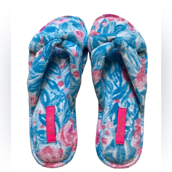 Lilly Pulitzer My Little Peony Women’s 7/8 Terry Slippers Bondi Blue Sandals - Picture 1 of 10
